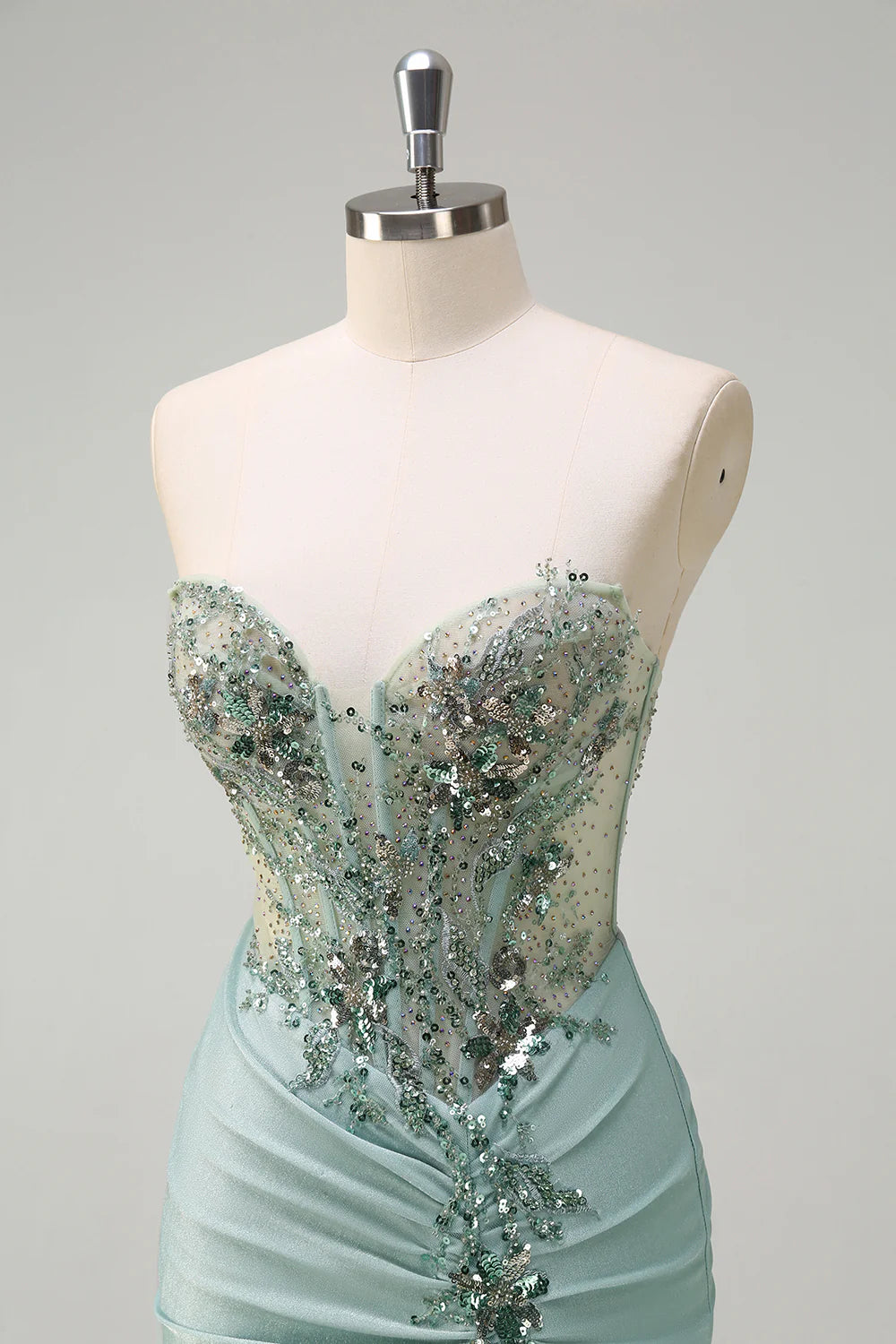Grey Green Polyester Sequin Mermaid Strapless Corset Ruched Long Prom Dress with Slit