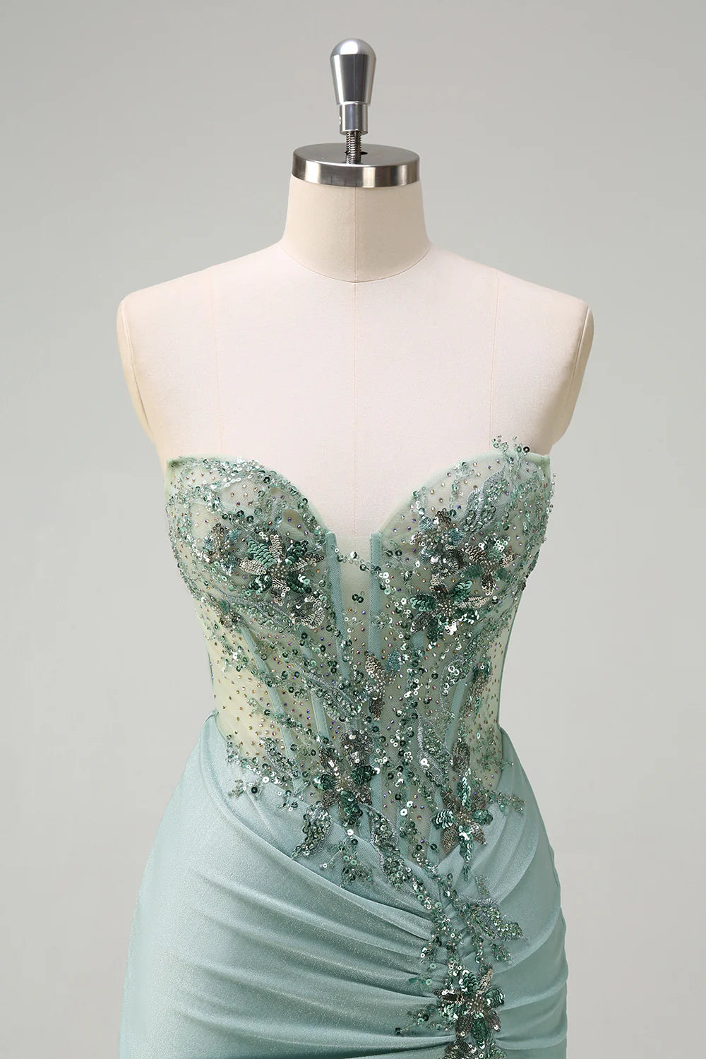 Grey Green Polyester Sequin Mermaid Strapless Corset Ruched Long Prom Dress with Slit