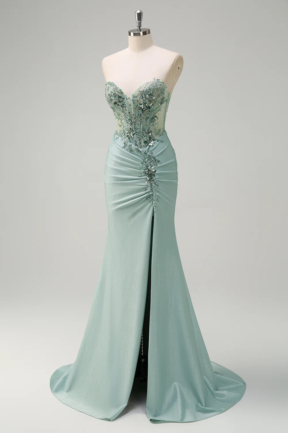 Grey Green Polyester Sequin Mermaid Strapless Corset Ruched Long Prom Dress with Slit