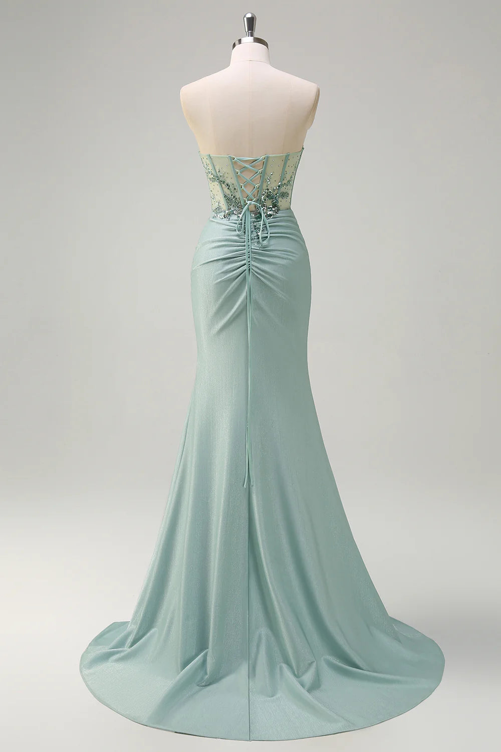 Grey Green Polyester Sequin Mermaid Strapless Corset Ruched Long Prom Dress with Slit