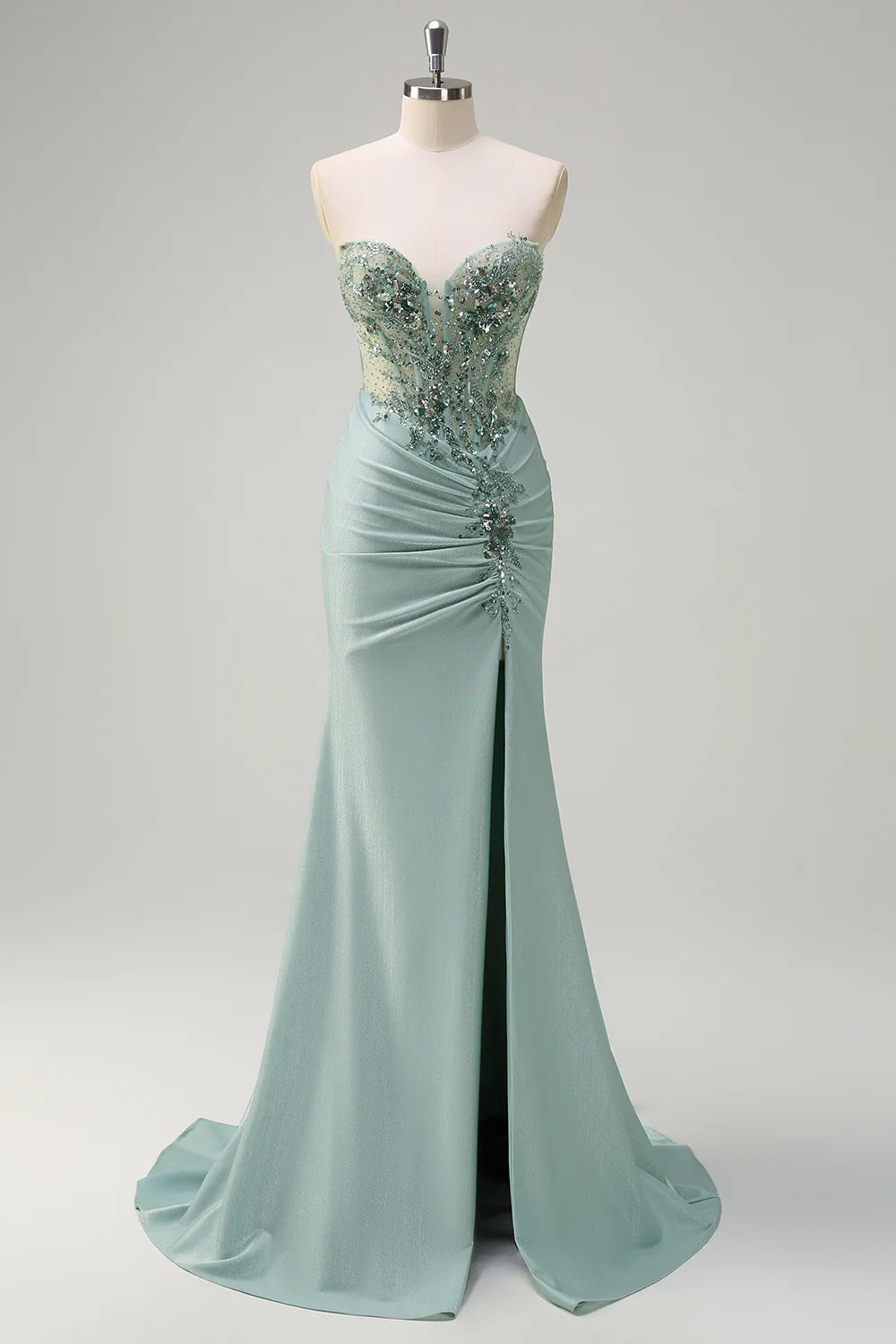 Grey Green Polyester Sequin Mermaid Strapless Corset Ruched Long Prom Dress with Slit