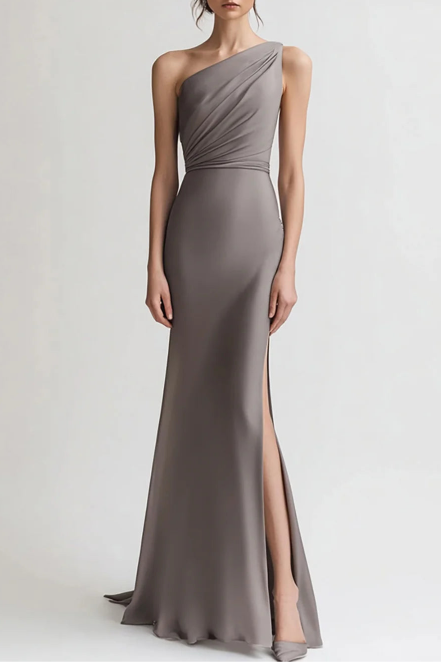Grey Pleated One Shoulder Sheath Full Length Evening Dress Prom Dress With Side Slit