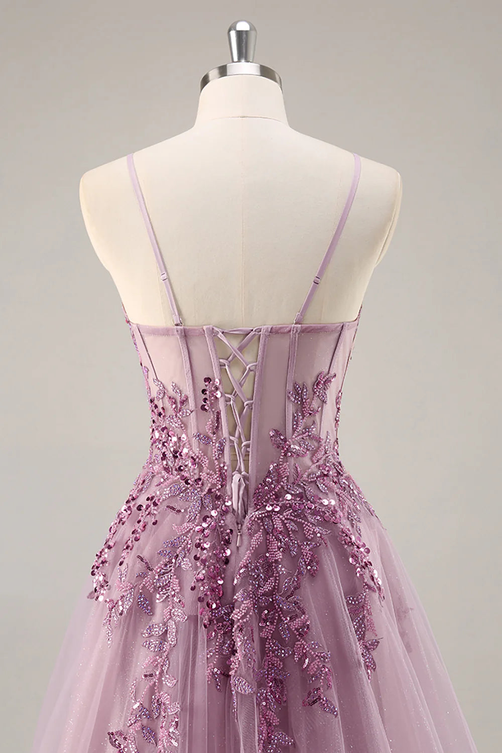 Grey Purple Beaded Spaghetti Straps Corset Applique Long Homecoming Dress Prom Dress with Slit