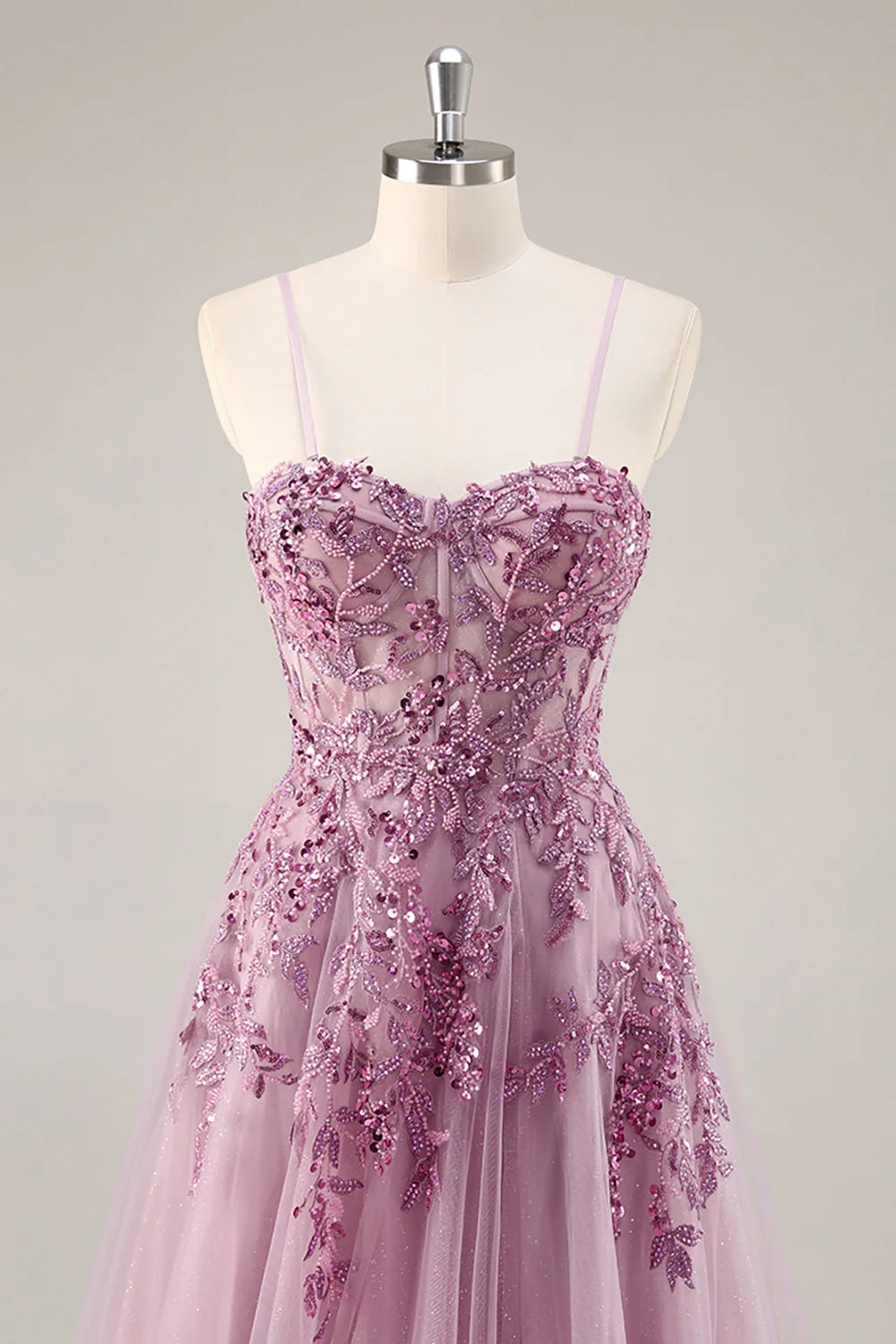 Grey Purple Beaded Spaghetti Straps Corset Applique Long Homecoming Dress Prom Dress with Slit