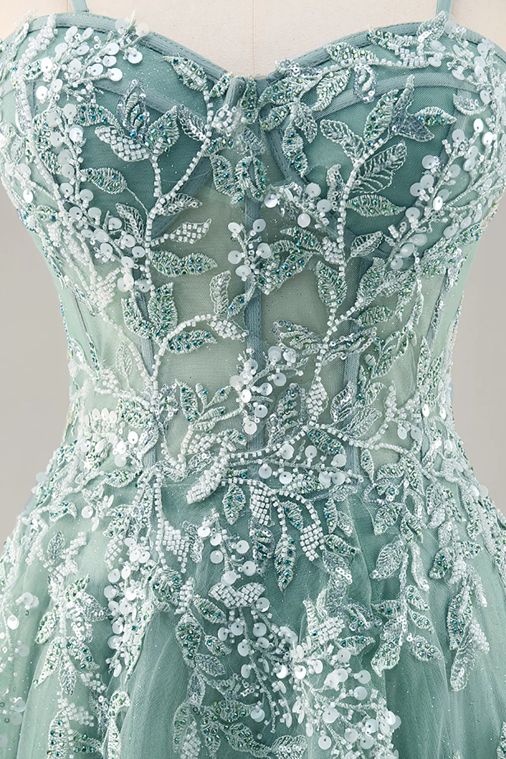 Grey Purple Beaded Spaghetti Straps Corset Applique Long Homecoming Dress Prom Dress with Slit