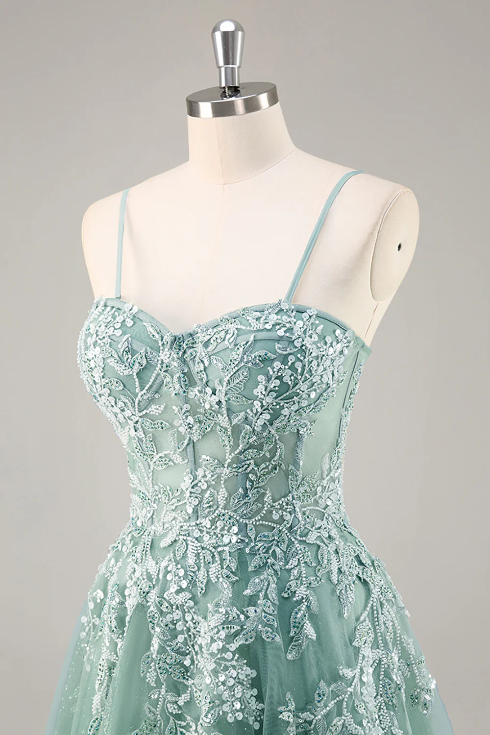 Grey Purple Beaded Spaghetti Straps Corset Applique Long Homecoming Dress Prom Dress with Slit