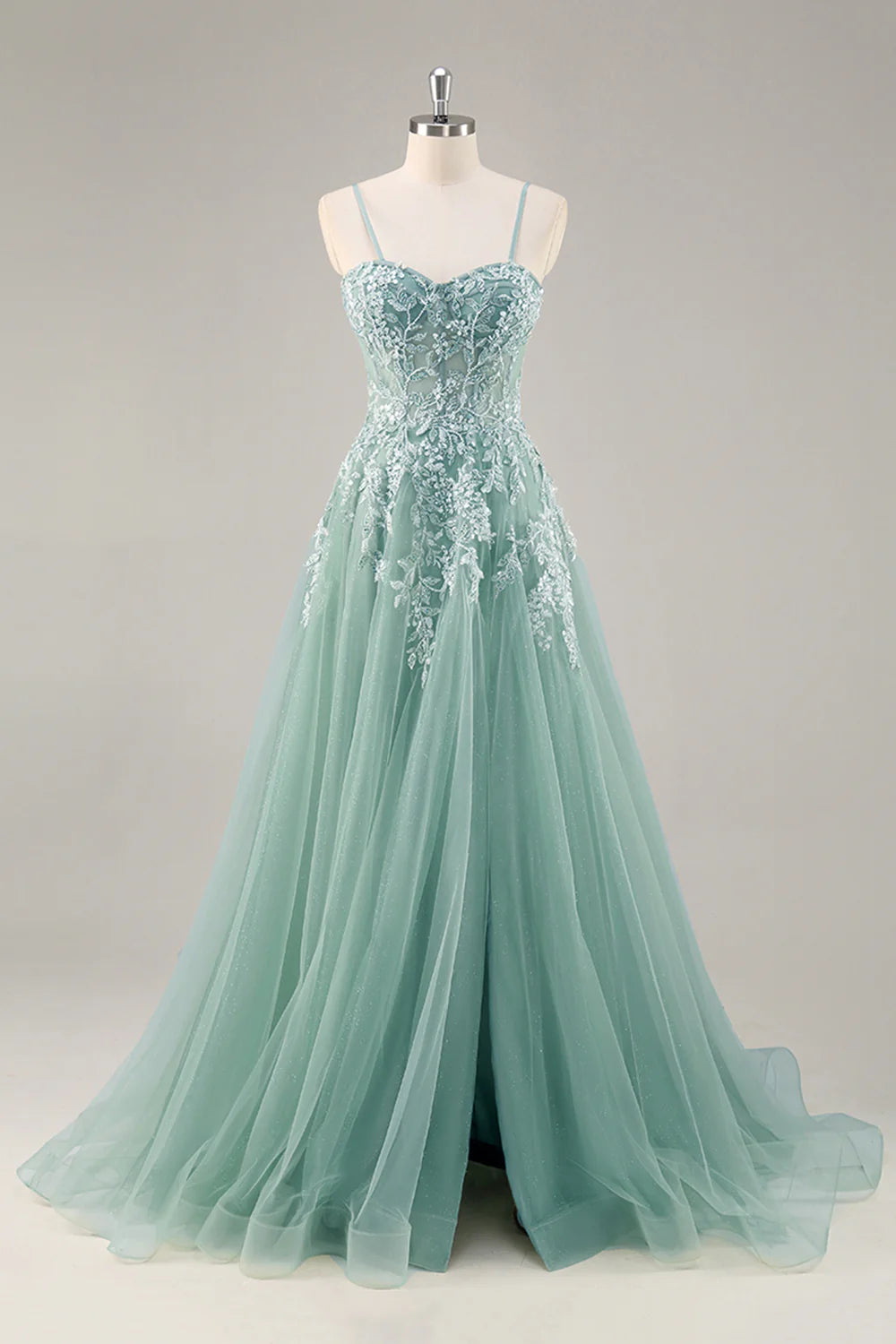 Grey Purple Beaded Spaghetti Straps Corset Applique Long Homecoming Dress Prom Dress with Slit