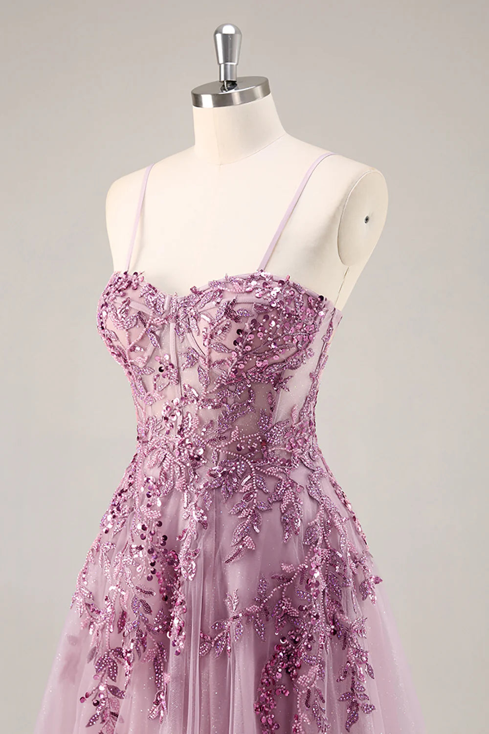 Grey Purple Beaded Spaghetti Straps Corset Applique Long Prom Dress Evening Dress With Slit