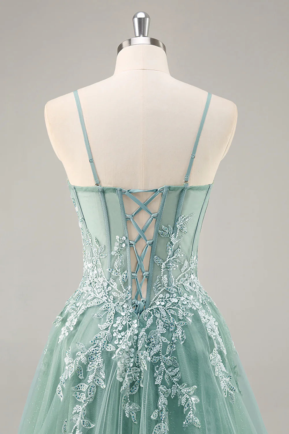 Grey Purple Beaded Spaghetti Straps Corset Applique Long Prom Dress Evening Dress With Slit