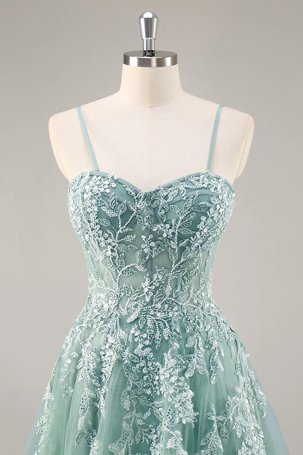 Grey Purple Beaded Spaghetti Straps Corset Applique Long Prom Dress Evening Dress With Slit