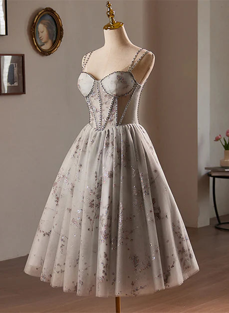 Grey Tulle Beaded Spaghetti Straps Homecoming Dress Prom Dress