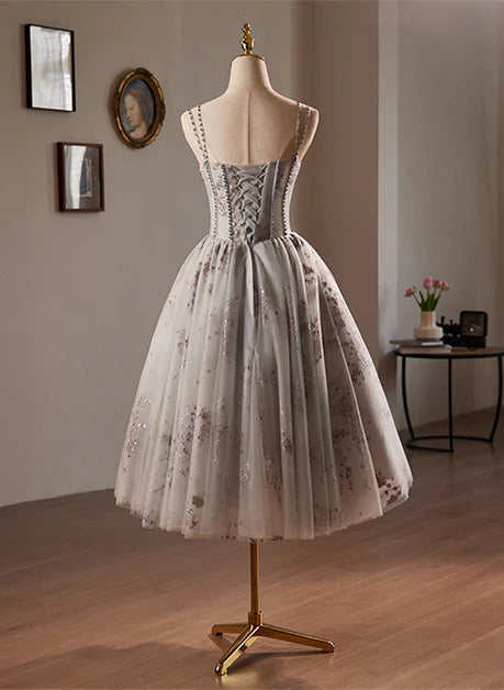 Grey Tulle Beaded Spaghetti Straps Homecoming Dress Prom Dress