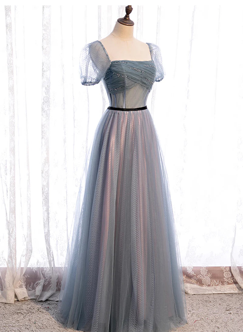 Grey Tulle Square Neck Short Sleeves Long Prom Dresses A-Line Evening Dresses With Beaded