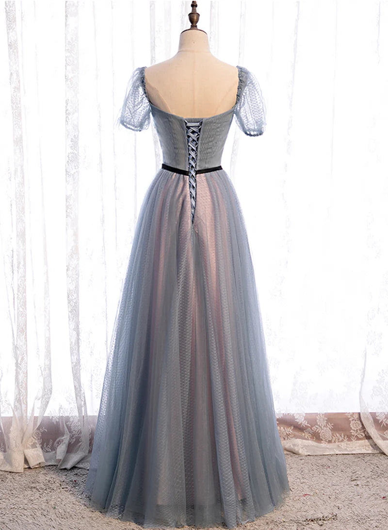 Grey Tulle Square Neck Short Sleeves Long Prom Dresses A-Line Evening Dresses With Beaded