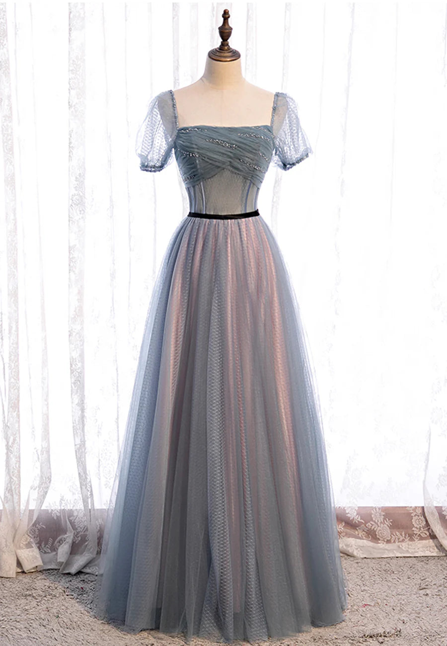 Grey Tulle Square Neck Short Sleeves Long Prom Dresses A-Line Evening Dresses With Beaded