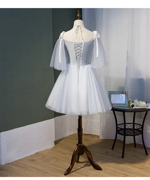 Grey Tulle With Applique V-neckline Straps Knee Length Short Homecoming Dresses Prom Dress