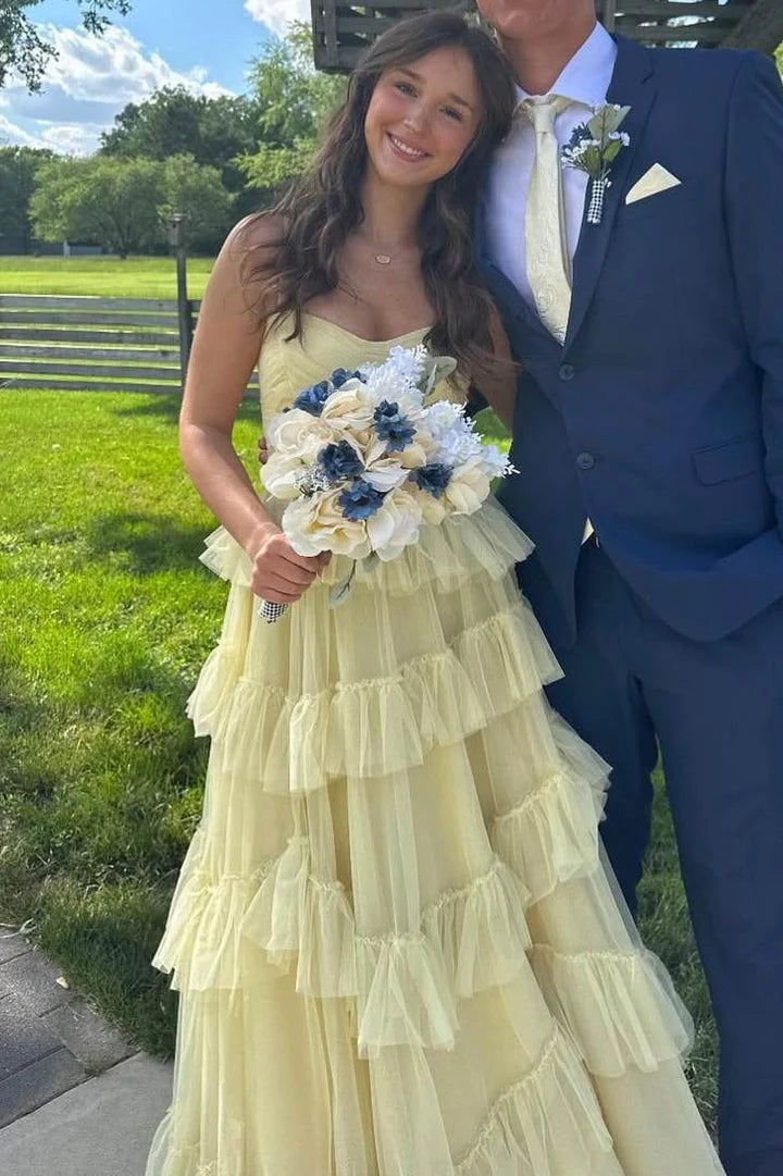 Yellow Spaghetti Straps A-Line Sleeveless Ruffle Tulle Long Prom Dress