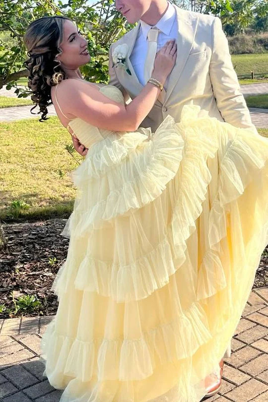 Yellow Spaghetti Straps A-Line Sleeveless Ruffle Tulle Long Prom Dress
