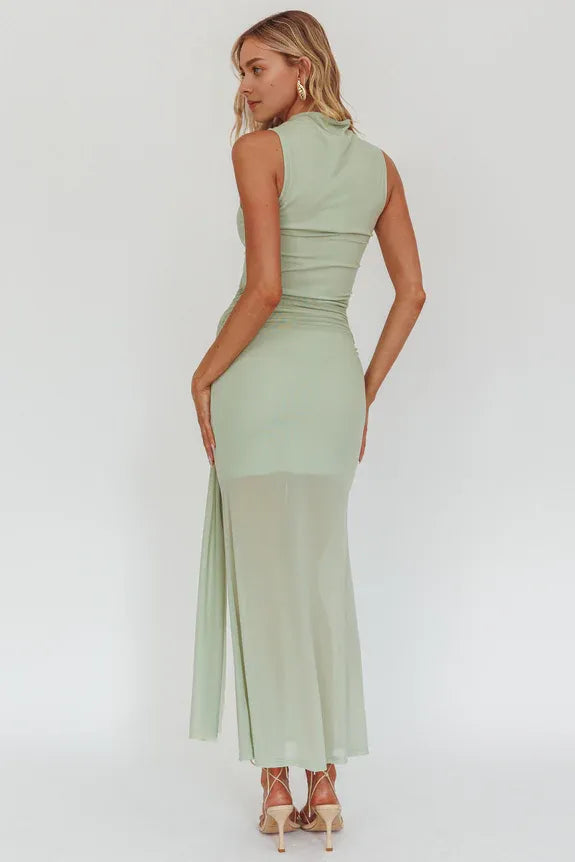 Half High Neck Sleeveless Sage Maxi Prom Dress With Waist Streamer