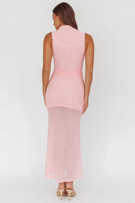 Half High Neck Sleeveless Sage Maxi Prom Dress With Waist Streamer