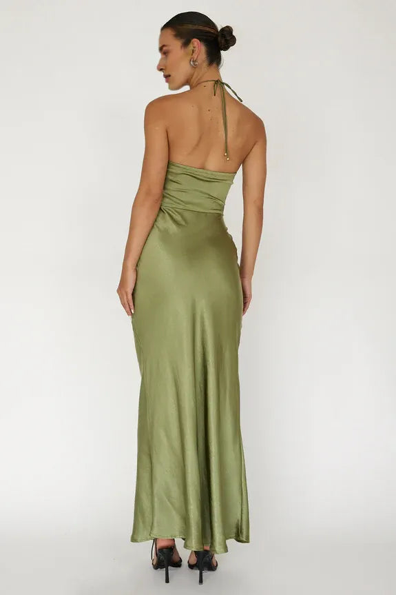Halter 3D Flower Decoration Satin Olive Maxi Homecoming Dress Prom Dress