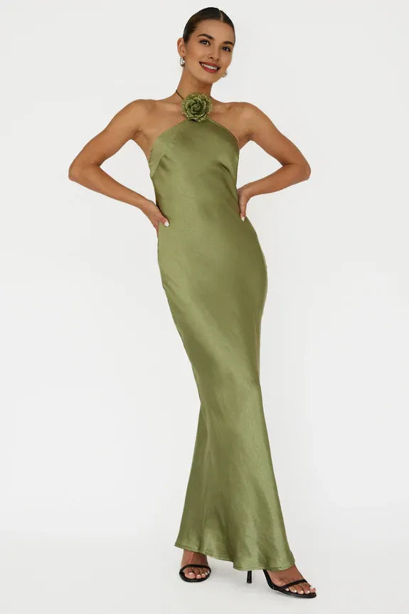 Halter 3D Flower Decoration Satin Olive Maxi Homecoming Dress Prom Dress