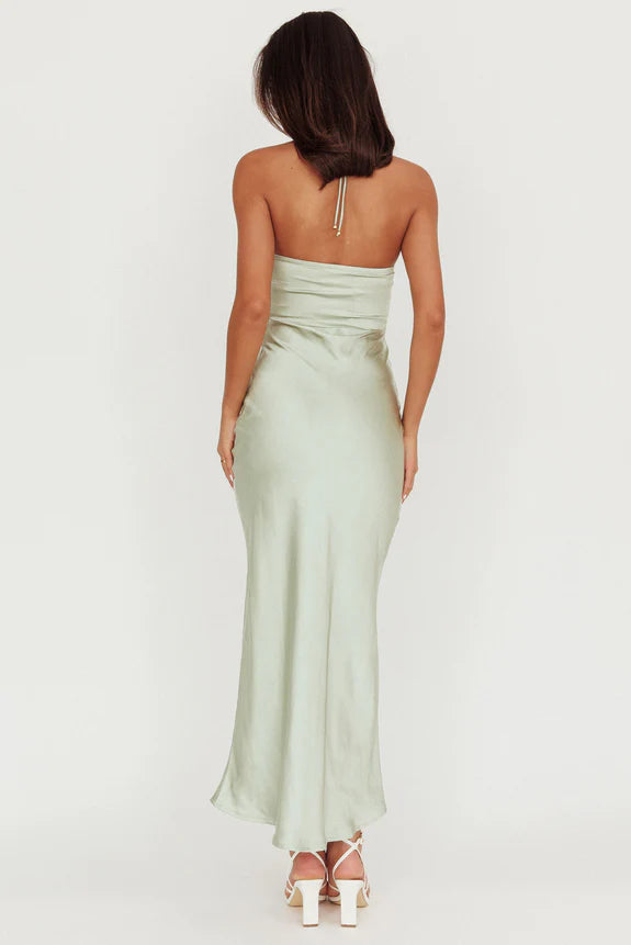 Halter 3D Flower Decoration Satin Sage Maxi Homecoming Dress Prom Dress