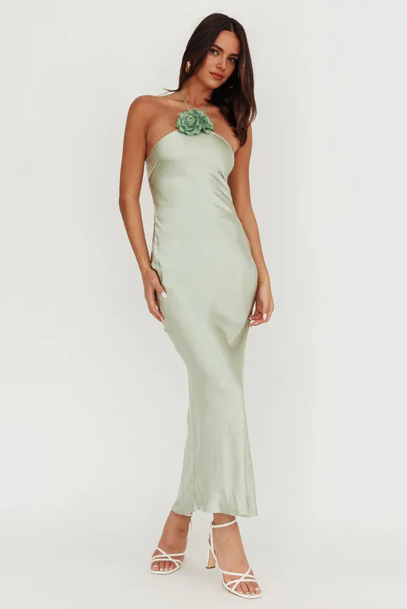 Halter 3D Flower Decoration Satin Sage Maxi Homecoming Dress Prom Dress