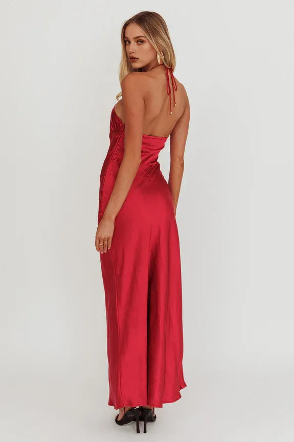 Halter 3D Flower Decoration Satin Wine Maxi Homecoming Dress Prom Dress