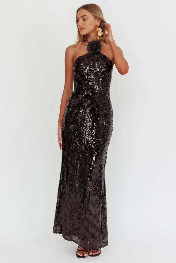 Halter 3D Flower Decoration Sequin Black Maxi Homecoming Dress Prom Dress