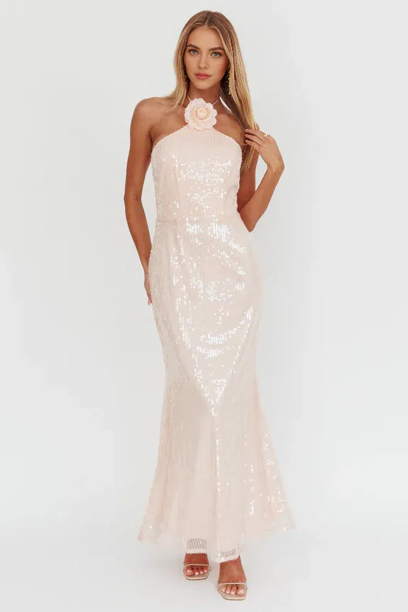 Halter 3D Flower Decoration Sequin Pink Homecoming Dress Prom Dress