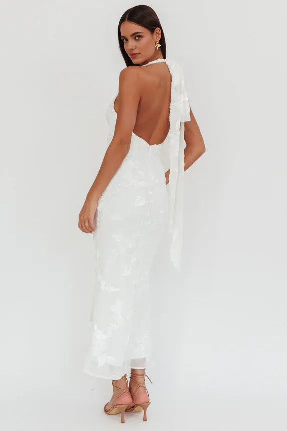 Halter Backless Floral Mesh Embellished White Maxi Homecoming Dress