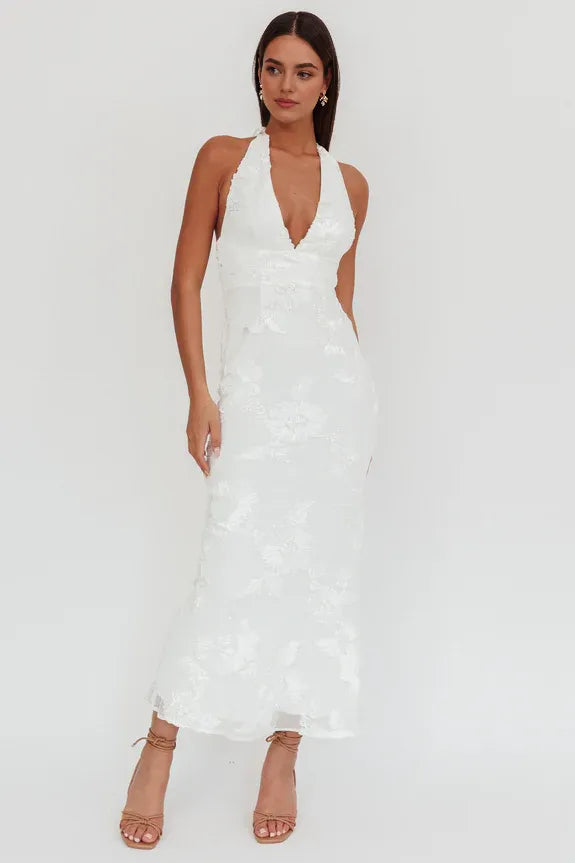 Halter Backless Floral Mesh Embellished White Maxi Homecoming Dress