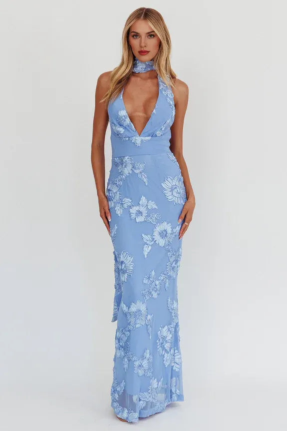 Halter Backless Floral Embellished Mesh Blue Maxi Evening Dress Party Dress