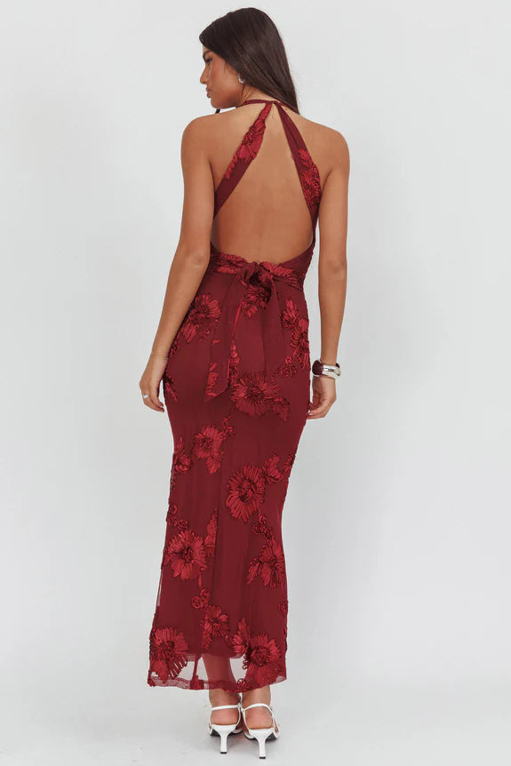 Halter Backless Floral Embellished Mesh Blue Maxi Evening Dress Party Dress