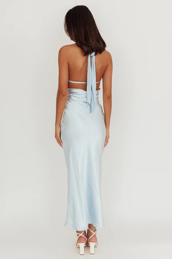 Halter Bodice Keyhole Cutout Sheer Baby Blue Maxi Homecoming Dress Prom Dress