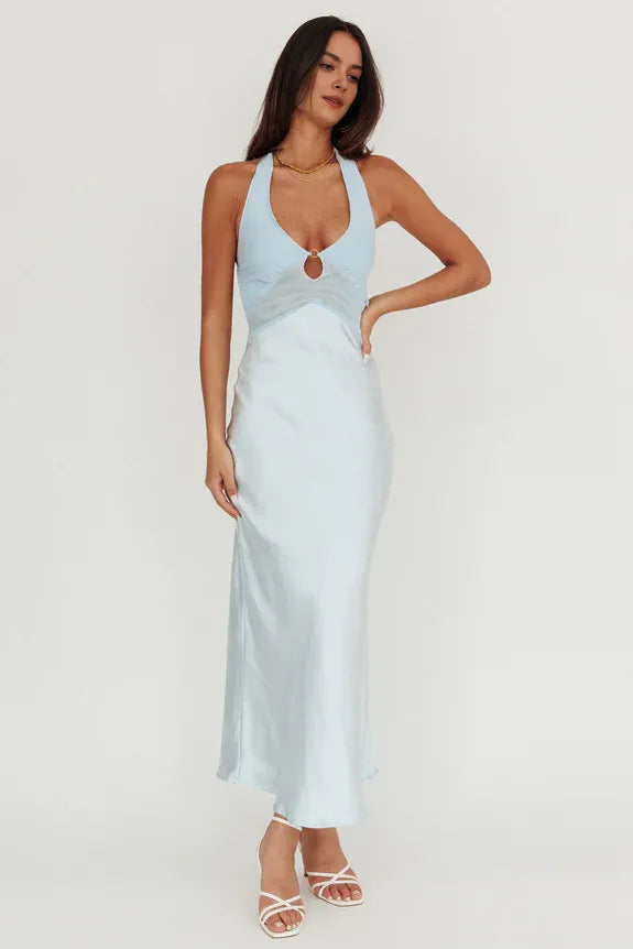 Halter Bodice Keyhole Cutout Sheer Baby Blue Maxi Homecoming Dress Prom Dress