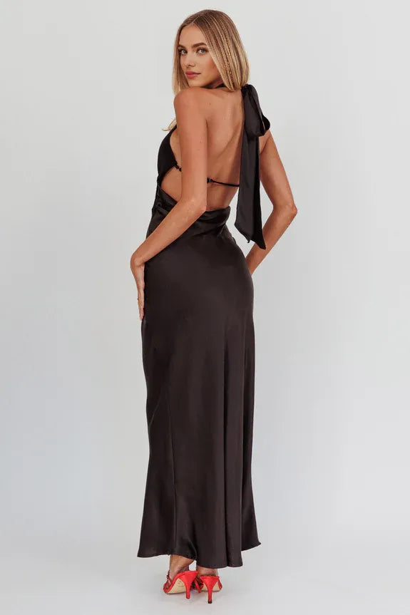 Halter Bodice Keyhole Cutout Sheer Black Maxi Homecoming Dress Prom Dress