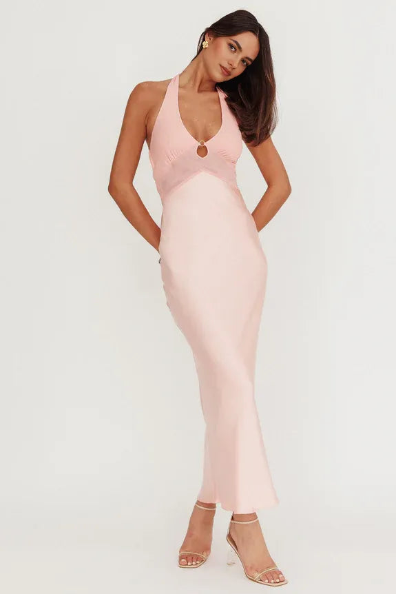 Halter Bodice Keyhole Cutout Sheer Peach Maxi Prom Dress Prom Dress