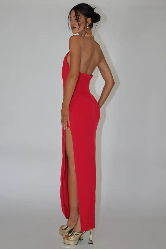 Halter Chain Keyhole Open Back Red Maxi Evening Dress With Side Slit