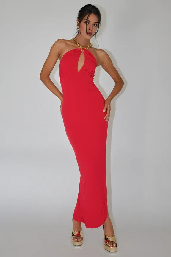 Halter Chain Keyhole Open Back Red Maxi Evening Dress With Side Slit