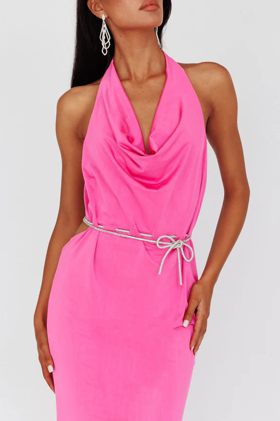 Halter Cowl Neck Diamante Tie Magenta Ankle Length Evening Dress