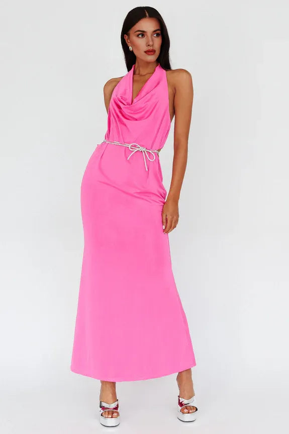 Halter Cowl Neck Diamante Tie Magenta Ankle Length Evening Dress