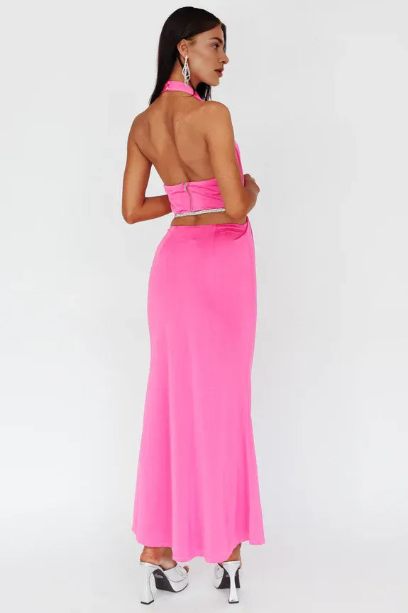 Halter Cowl Neck Diamante Tie Magenta Ankle Length Evening Dress