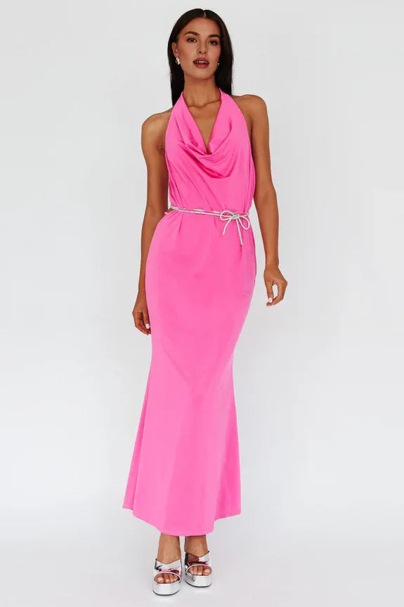 Halter Cowl Neck Diamante Tie Magenta Ankle Length Evening Dress