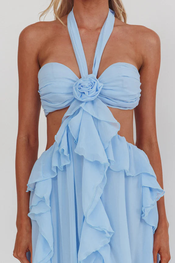Halter Cut-Out Ruffle Ice Blue Floor Length Prom Dress With Front Split