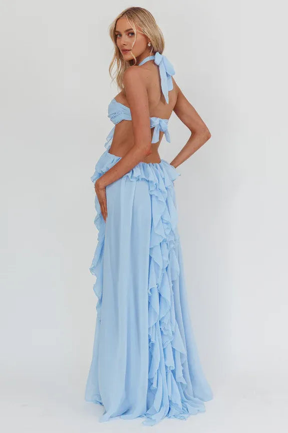 Halter Cut-Out Ruffle Ice Blue Floor Length Prom Dress With Front Split