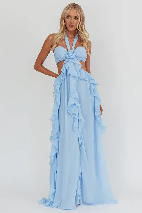 Halter Cut-Out Ruffle Ice Blue Floor Length Prom Dress With Front Split