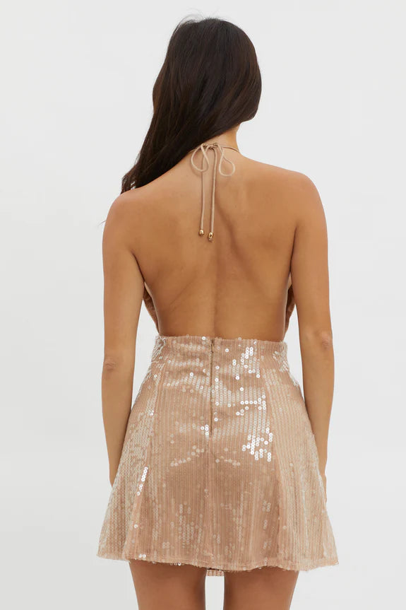 Halter Deep V Neck Open Back Sequin Nude Mini Homecoming Dress