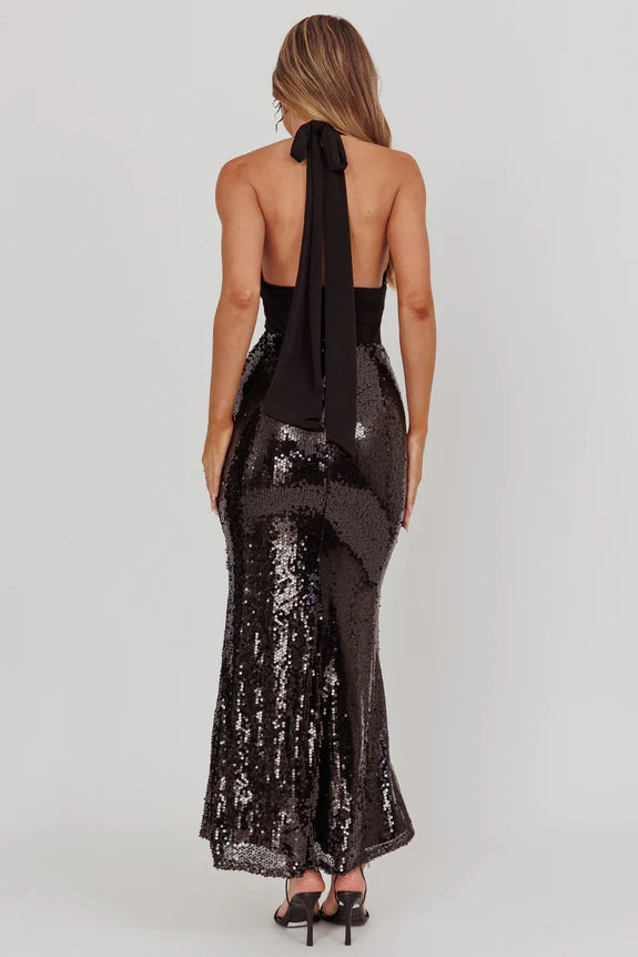 Halter Deep V Neck Sequin Black Maxi Homecoming Dress Prom Dress